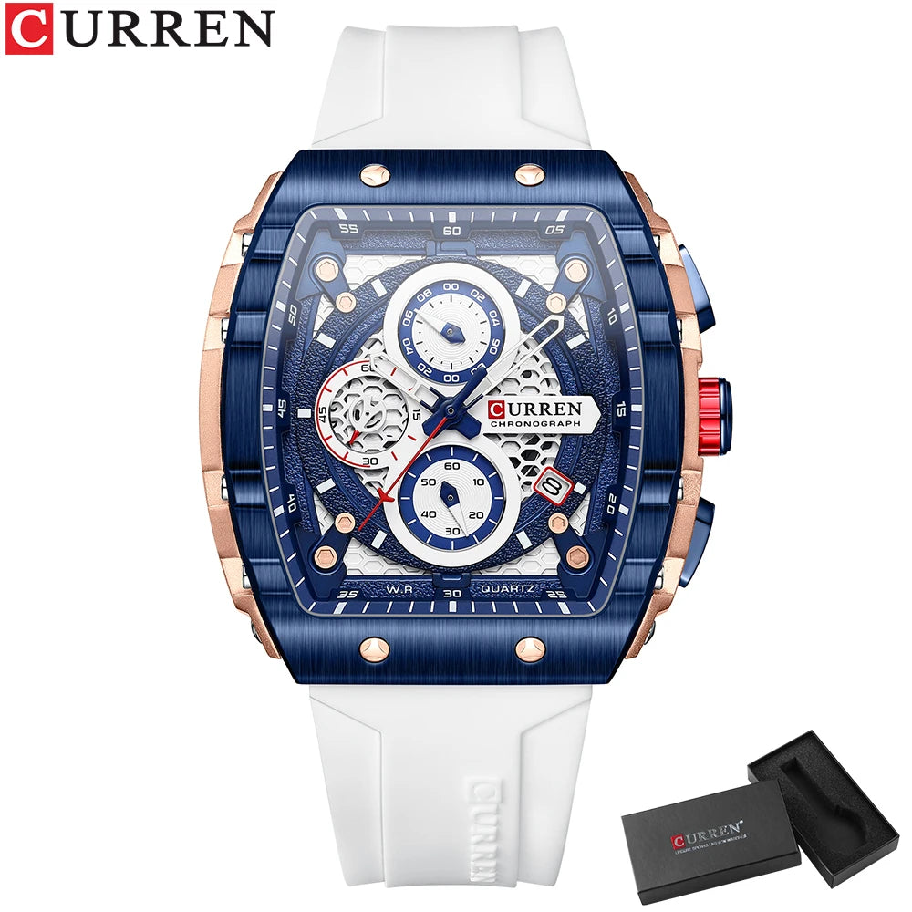 CURREN Esporte Cronógrafo Relógio de Quartzo para Homens Moda Azul Pulseira de Silicone Tonneau Dial Relógio de Pulso com Data 3atm À Prova D 'Água