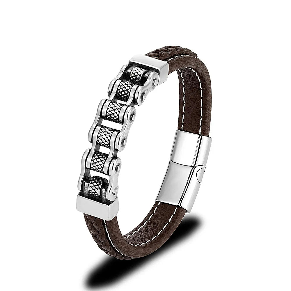 Mkendn punk masculino corrente de motociclista trançado pulseira de couro genuíno aço inoxidável fivela magnética pulseira presentes homme pulseras