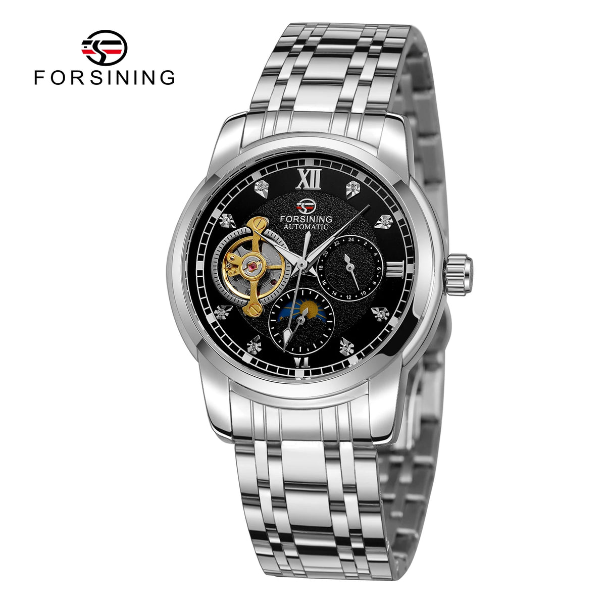 Forsining moda masculina luxo negócios pulseira de metal turbilhão luminoso relógio mecânico automático diamante artificial relógio de pulso
