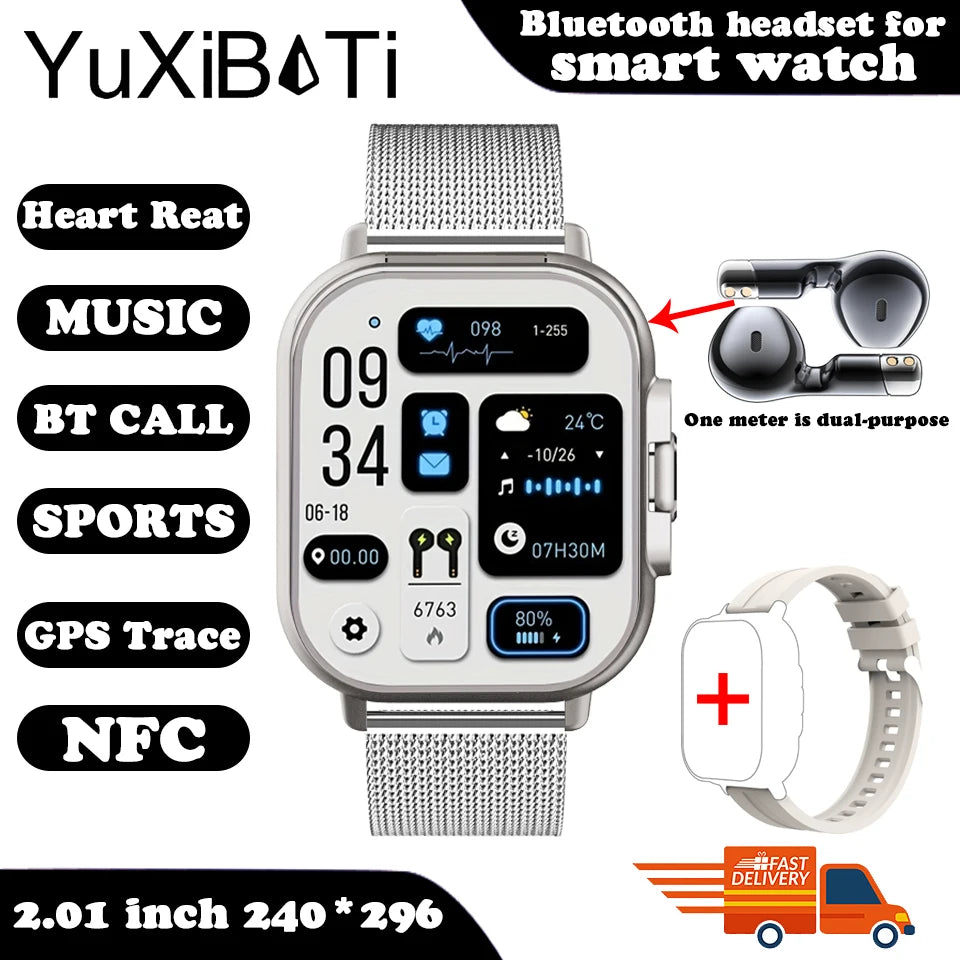 2024 relógio inteligente 2 em 1 com fone de ouvido smartwatch bluetooth chamada relógio masculino gps pista monitor freqüência cardíaca jogar música smartwatch