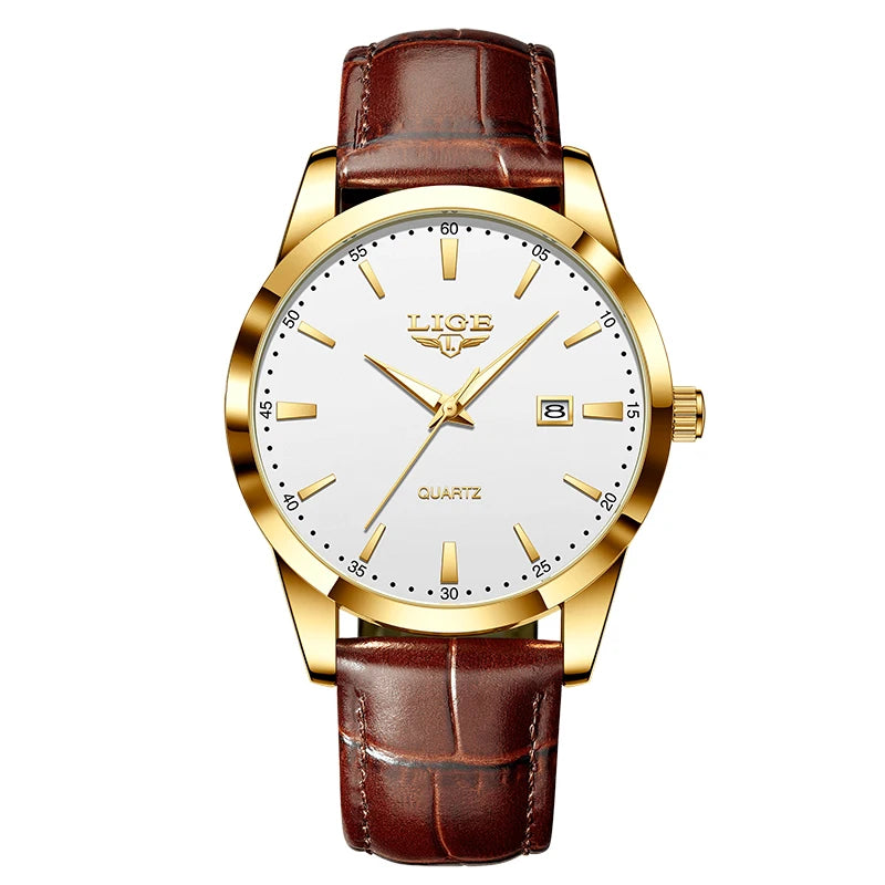 Lige moda relógio de couro marrom masculino militar esportes quartzo relógios de pulso casual à prova dwaterproof água cronógrafo relogios masculino