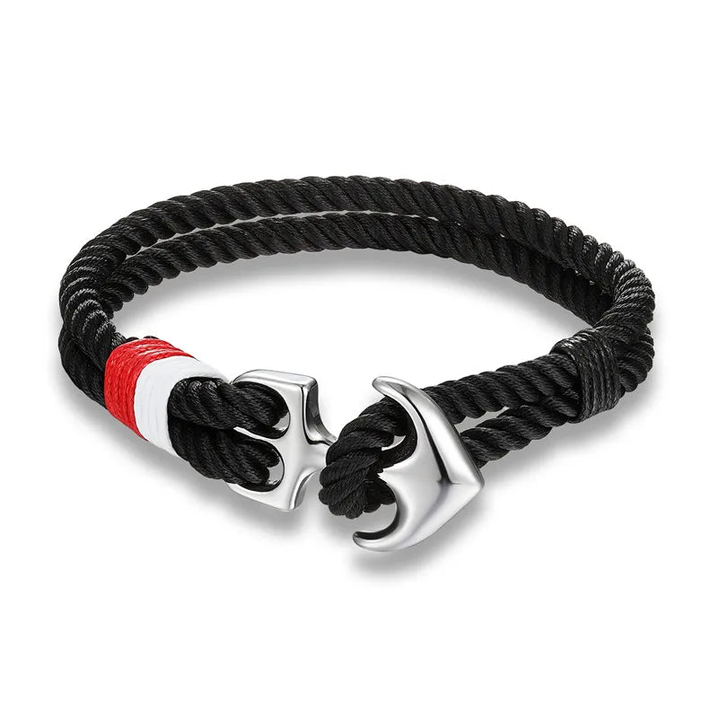 MKENDN Pulseiras de âncora masculinas, fio duplo, surfista náutico, corda à prova d'água, pulseira feminina, fivela esportiva de aço inoxidável preto