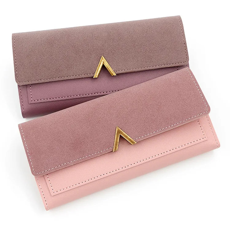 Nova versão coreana carteira feminina longa fivela em forma de v carteira três dobras para mulher, bolsa de mão, bolsa de cartão de mudança