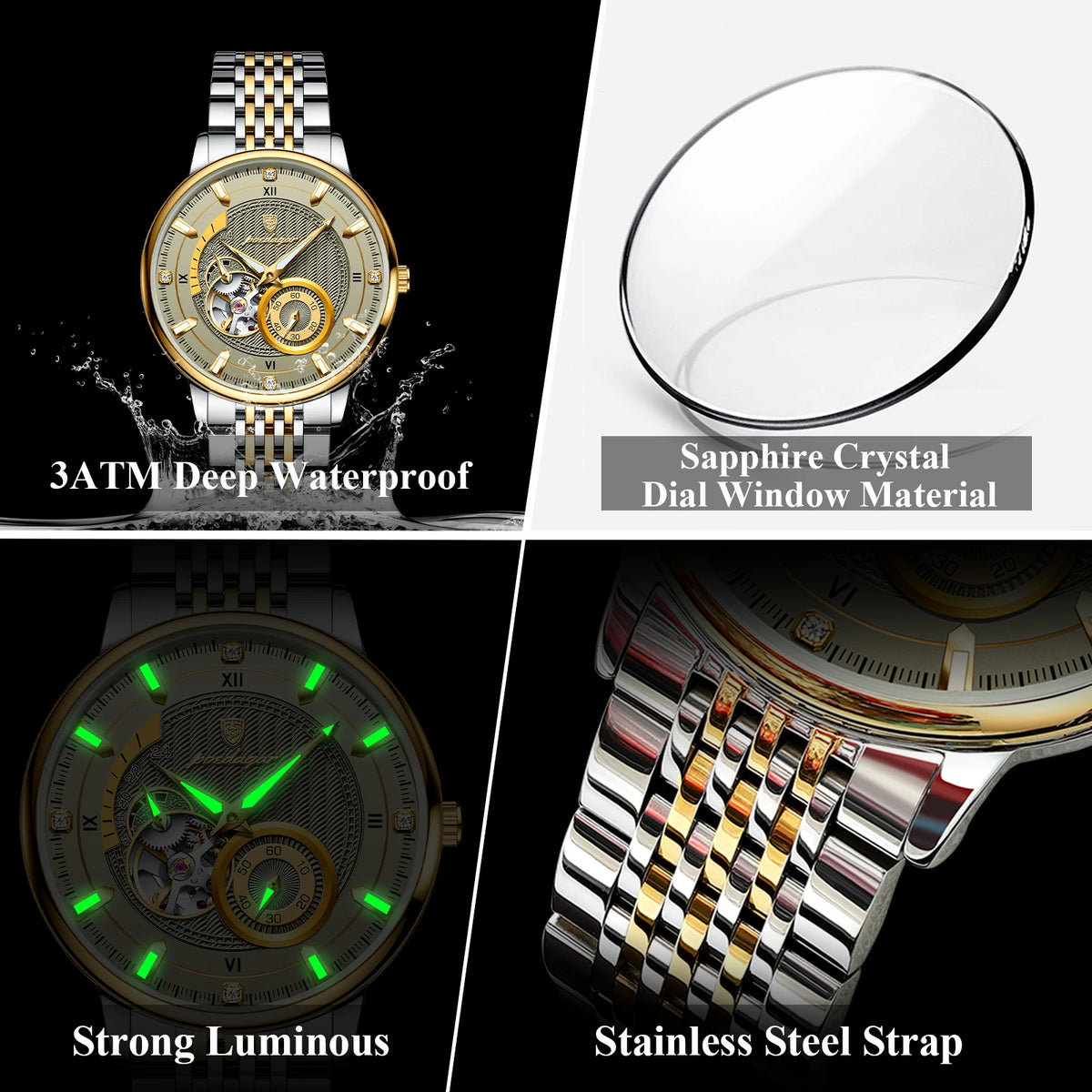 Poedagar topo de luxo relógio masculino luminoso oco tourbillon automático homem relógio de pulso mecânico aço inoxidável relógios masculinos reloj