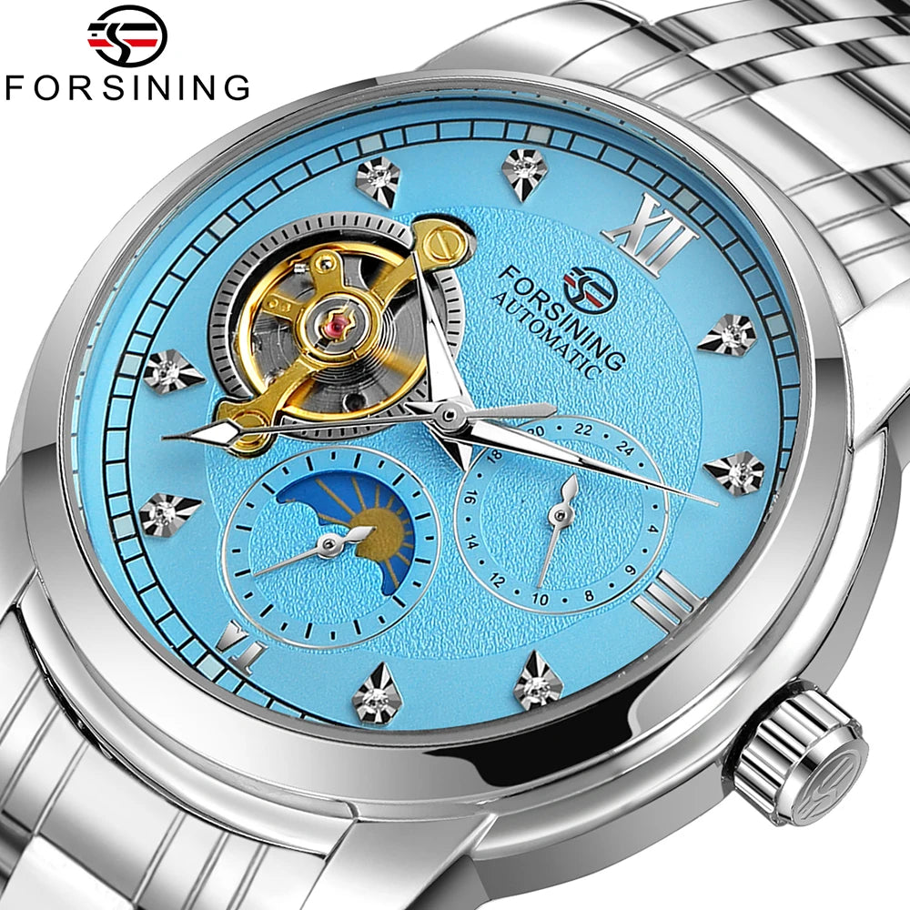 Forsining moda masculina luxo negócios pulseira de metal turbilhão luminoso relógio mecânico automático diamante artificial relógio de pulso