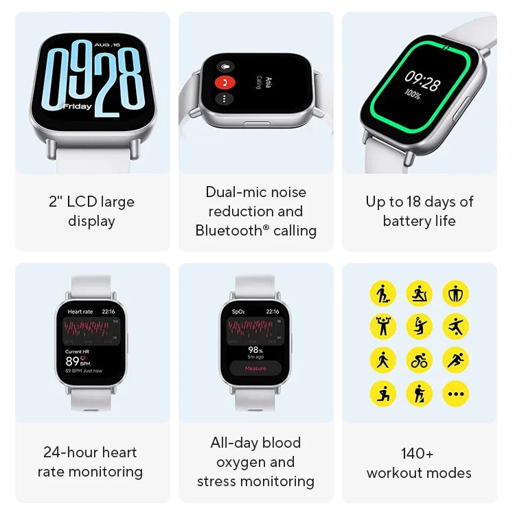 Versão global Xiaomi Redmi Watch 5 Active 2 '' Display de até 18 dias de vida útil da bateria mais de 140 modos de treino Chamadas Bluetooth 5ATM