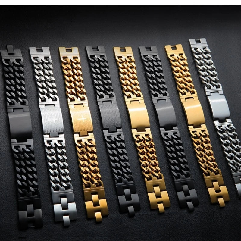 Hnsp 24mm de largura 316l aço inoxidável corrente cubana cruz pulseira para homens jóias masculino mão corrente envoltório pulseiras acessório punk