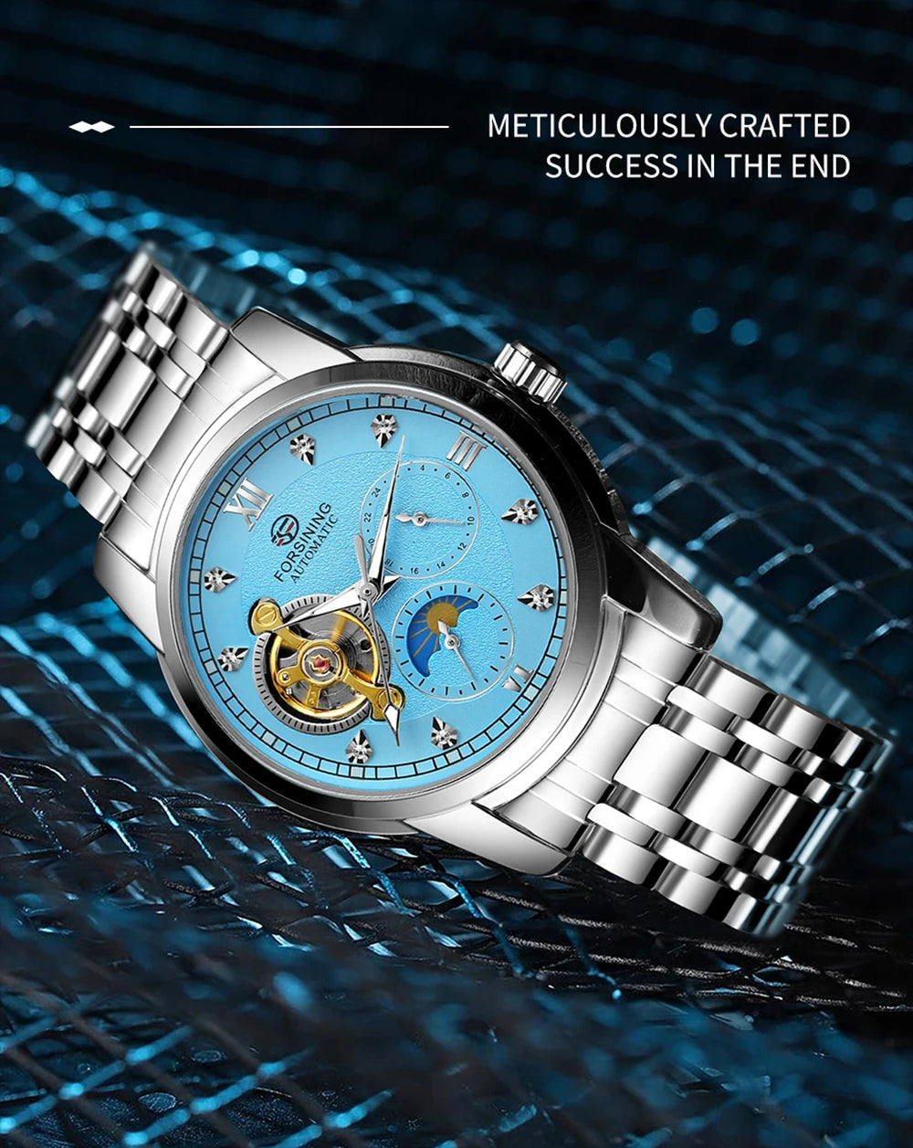 Forsining moda masculina luxo negócios pulseira de metal turbilhão luminoso relógio mecânico automático diamante artificial relógio de pulso