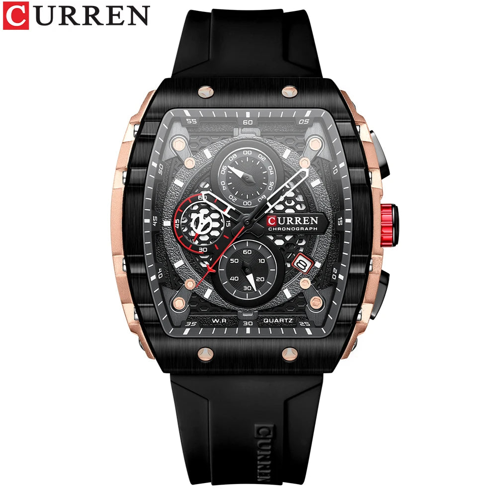 CURREN Esporte Cronógrafo Relógio de Quartzo para Homens Moda Azul Pulseira de Silicone Tonneau Dial Relógio de Pulso com Data 3atm À Prova D 'Água