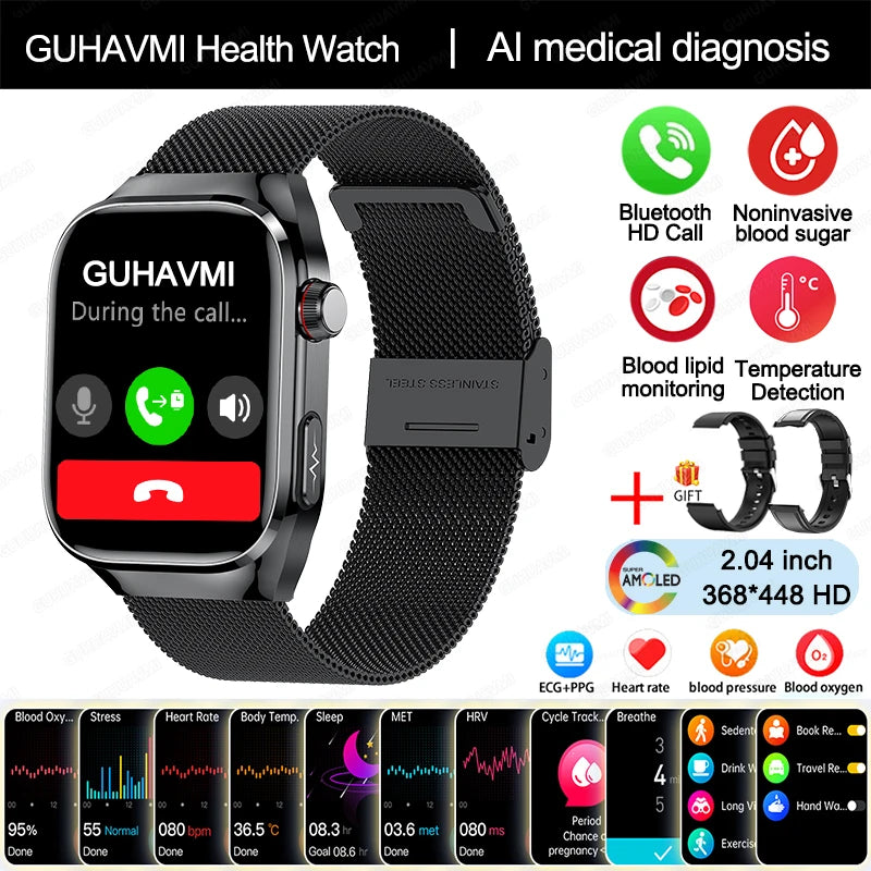 2024 novo grau médico ácido úrico gordura no sangue smartwatch ecg glicose no sangue freqüência cardíaca pressão arterial monitoramento de saúde relógio inteligente