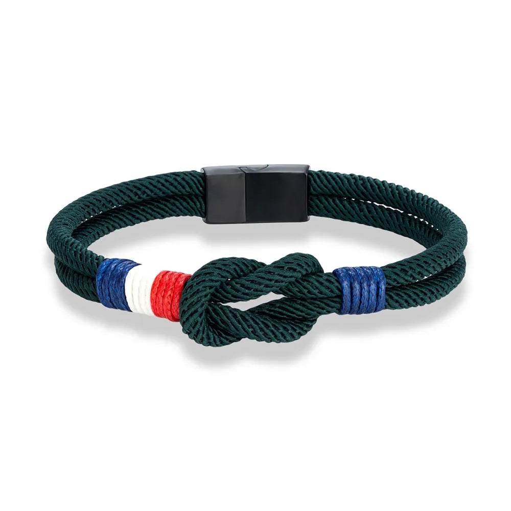 MKENDN Pulseira de corda com nó quadrado de aço inoxidável preto, masculina, feminina, feita à mão, design de camada dupla, bandeira da França, joias de casal