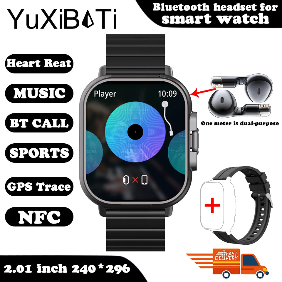 2024 relógio inteligente 2 em 1 com fone de ouvido smartwatch bluetooth chamada relógio masculino gps pista monitor freqüência cardíaca jogar música smartwatch