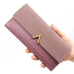 Nova versão coreana carteira feminina longa fivela em forma de v carteira três dobras para mulher, bolsa de mão, bolsa de cartão de mudança