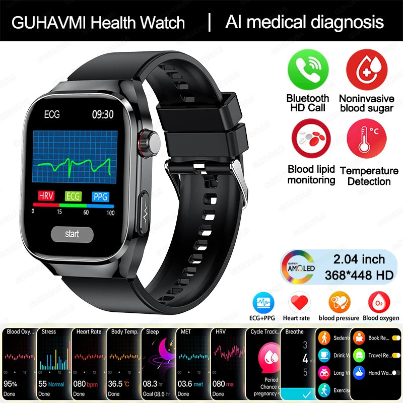 2024 novo grau médico ácido úrico gordura no sangue smartwatch ecg glicose no sangue freqüência cardíaca pressão arterial monitoramento de saúde relógio inteligente