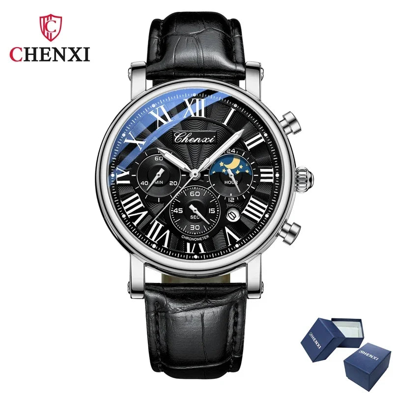 Chenxi 973 multi-função negócios fase da lua data à prova dwaterproof água roma analógico importado relógio de pulso masculino dial relógios de couro de quartzo