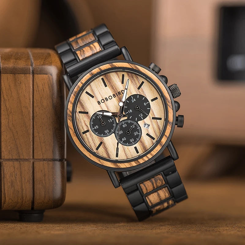 Bobobird relógio masculino de luxo, cronógrafo de quartzo, relógio de pulso personalizado, pulseira de metal e madeira, caixa de presente