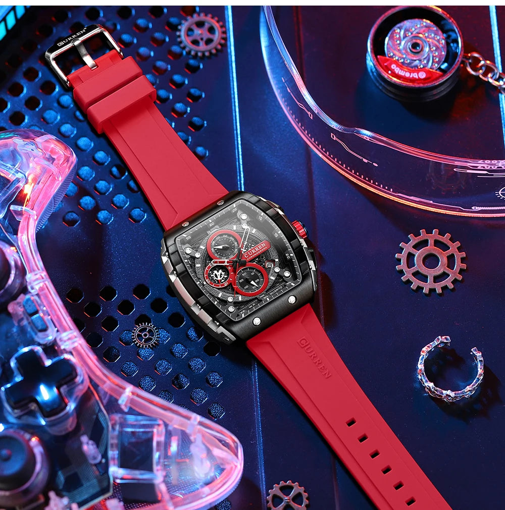 CURREN Esporte Cronógrafo Relógio de Quartzo para Homens Moda Azul Pulseira de Silicone Tonneau Dial Relógio de Pulso com Data 3atm À Prova D 'Água
