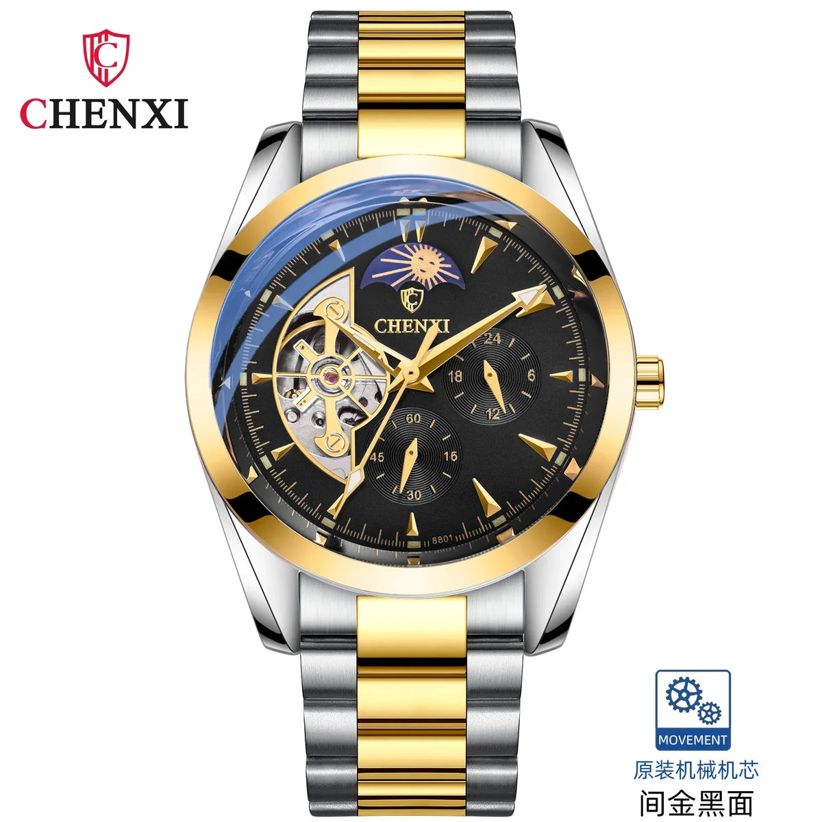CHENXI-Homens relógios mecânicos ocos, relógio de pulso automático, relógios chineses criativos, 8801