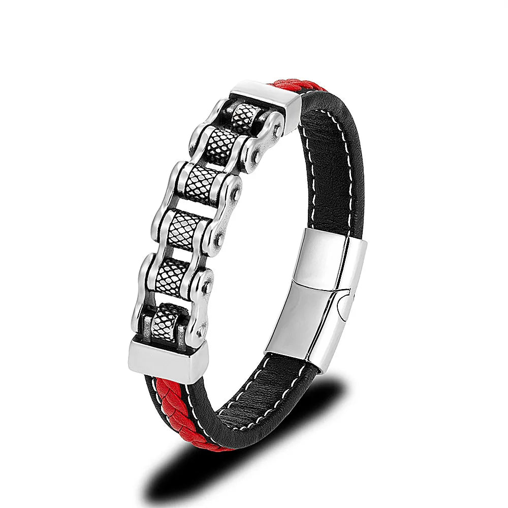 Mkendn punk masculino corrente de motociclista trançado pulseira de couro genuíno aço inoxidável fivela magnética pulseira presentes homme pulseras