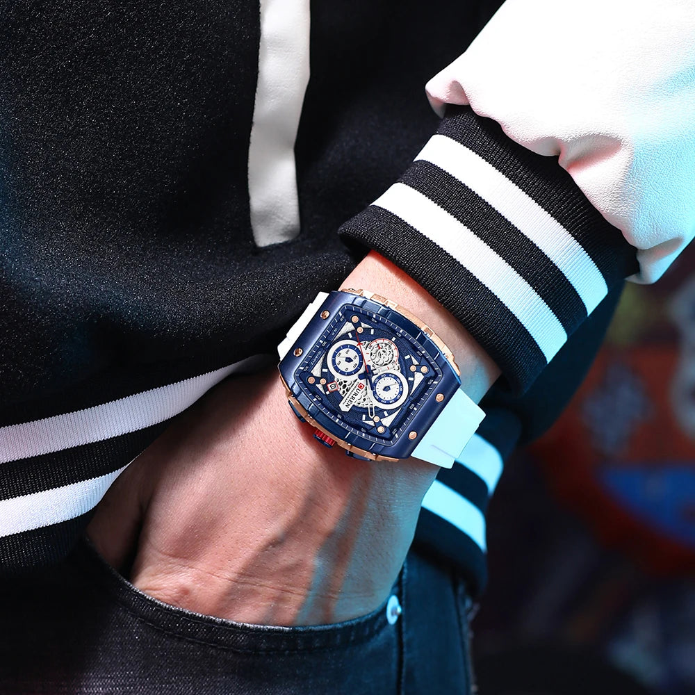 CURREN Esporte Cronógrafo Relógio de Quartzo para Homens Moda Azul Pulseira de Silicone Tonneau Dial Relógio de Pulso com Data 3atm À Prova D 'Água
