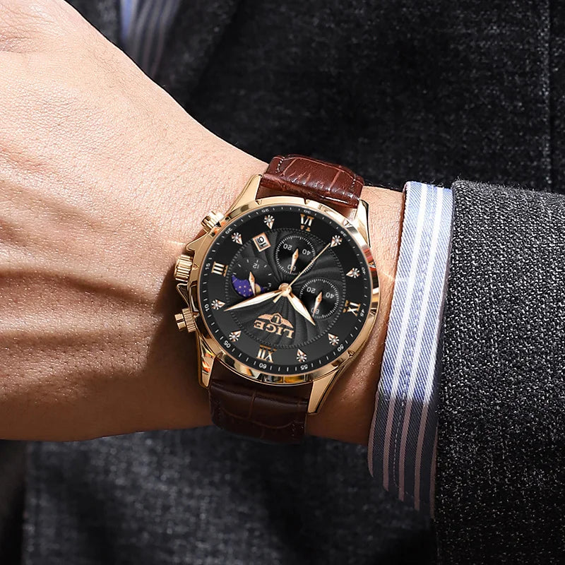 Novos relógios masculinos lige marca superior de luxo couro casual relógio quartzo esporte à prova dwaterproof água relógio relogios masculino + caixa