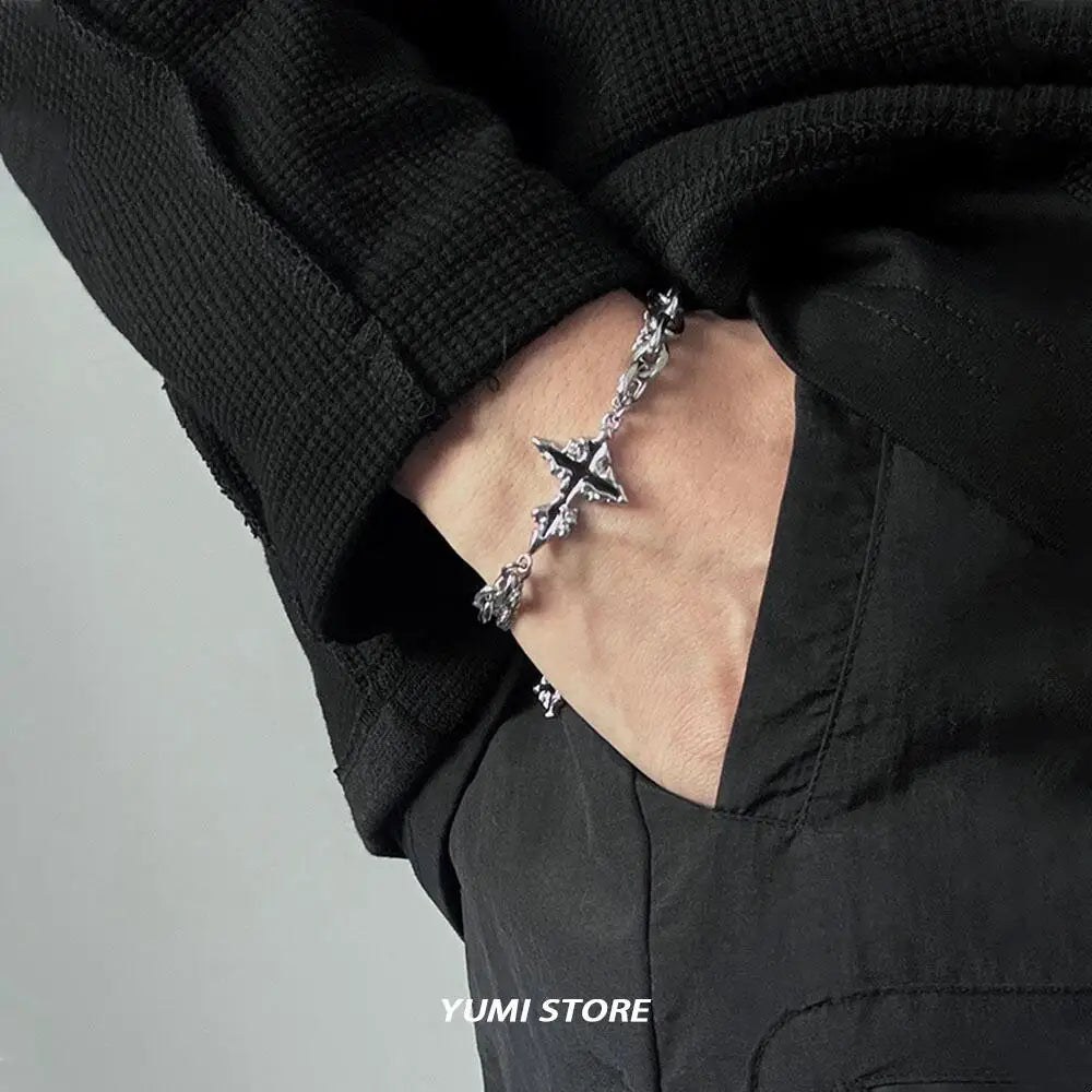 Retro chama cruz pulseira para homem mulher hip hop titânio aço splice corrente charme unisex jóias legal kpop acessórios de luxo