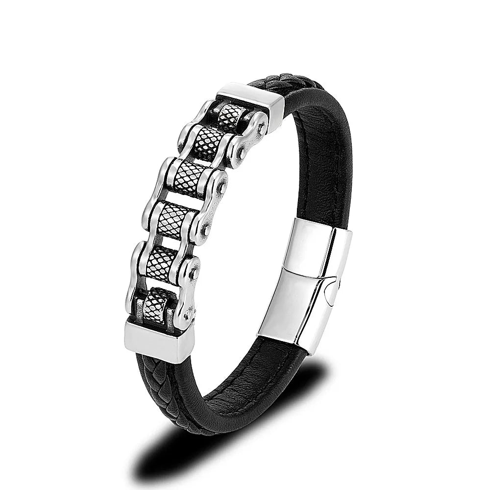 Mkendn punk masculino corrente de motociclista trançado pulseira de couro genuíno aço inoxidável fivela magnética pulseira presentes homme pulseras