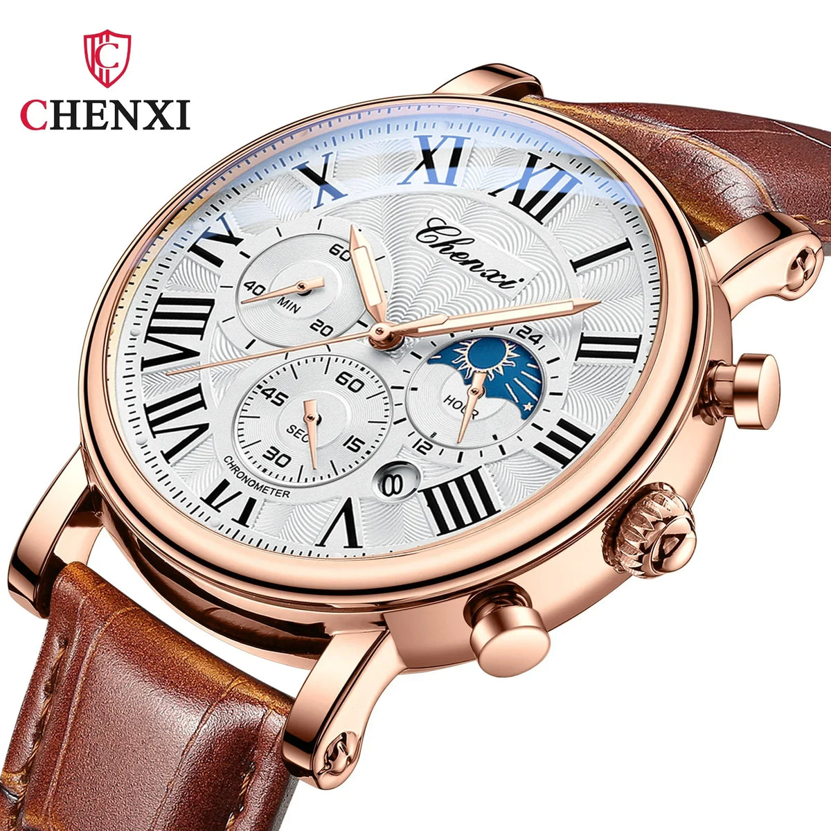 Chenxi 973 multi-função negócios fase da lua data à prova dwaterproof água roma analógico importado relógio de pulso masculino dial relógios de couro de quartzo