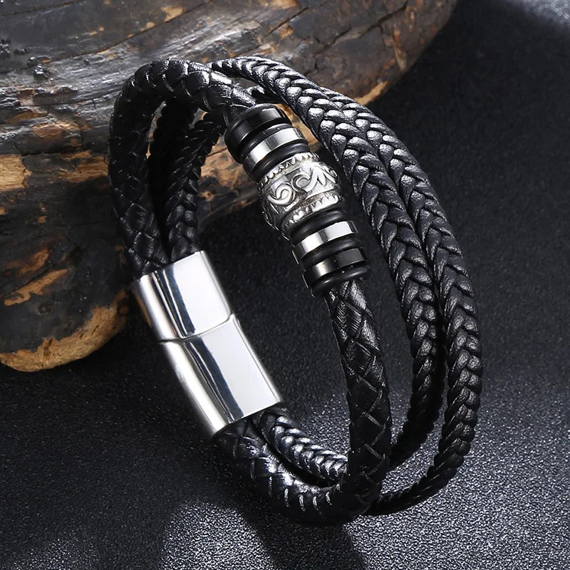 Moda pulseiras de couro vermelho masculino aço inoxidável multicamadas trançado corda pulseiras para mulheres pulseira jóias presentes sp1076
