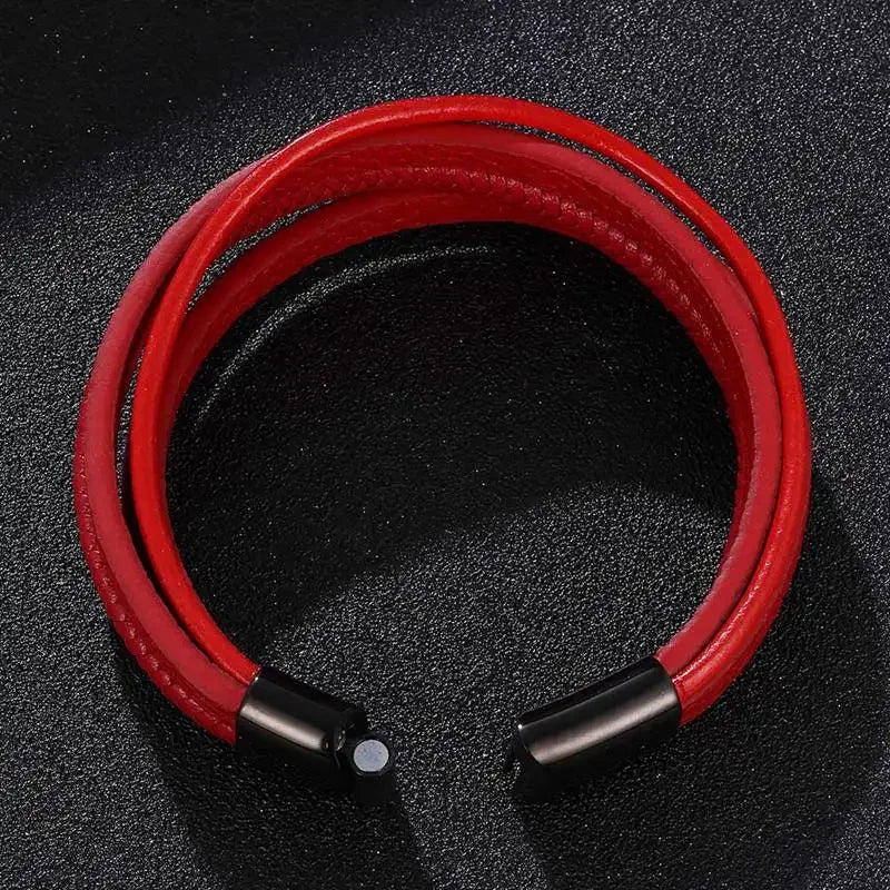 Moda pulseiras de couro vermelho masculino aço inoxidável multicamadas trançado corda pulseiras para mulheres pulseira jóias presentes sp1076