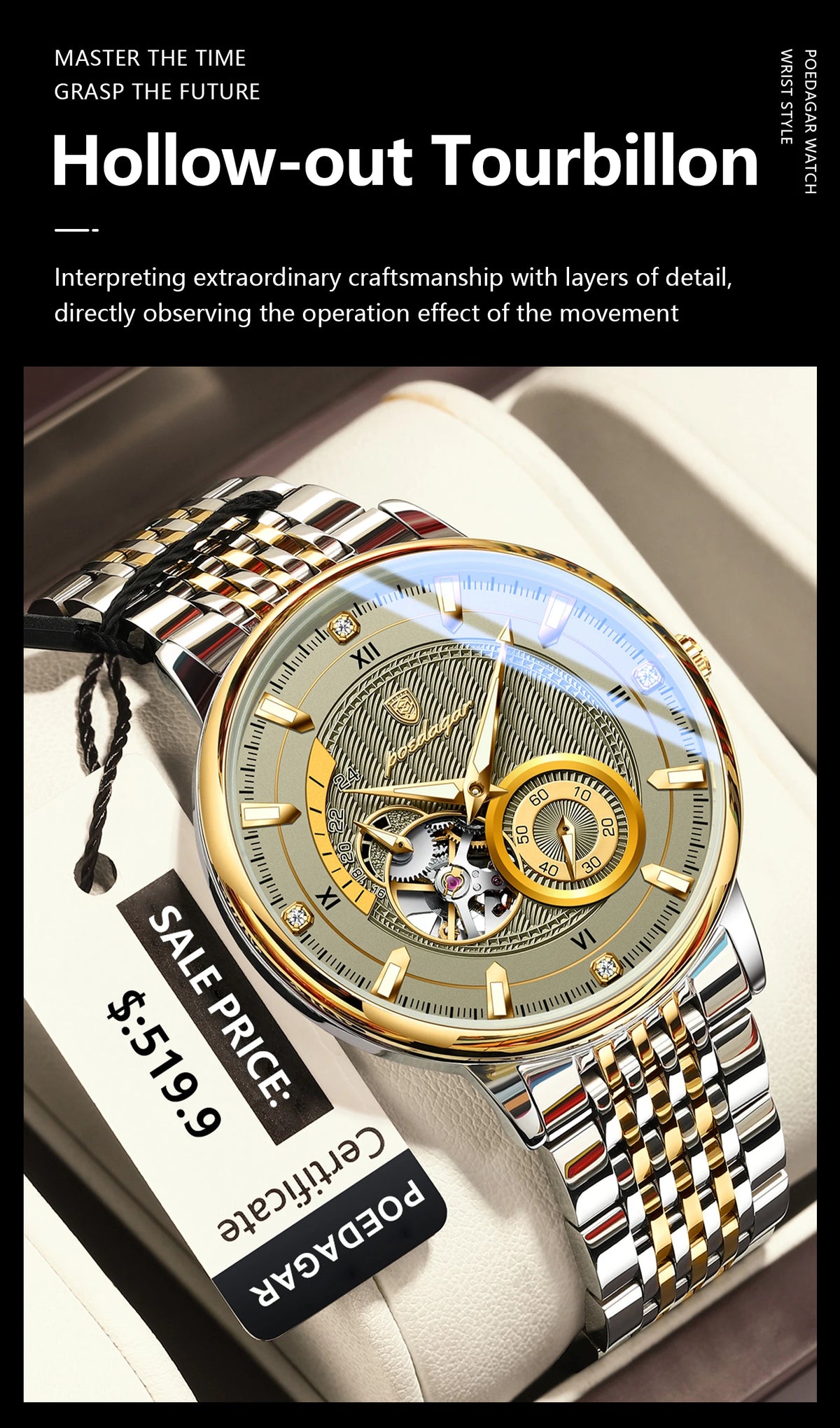 Poedagar topo de luxo relógio masculino luminoso oco tourbillon automático homem relógio de pulso mecânico aço inoxidável relógios masculinos reloj