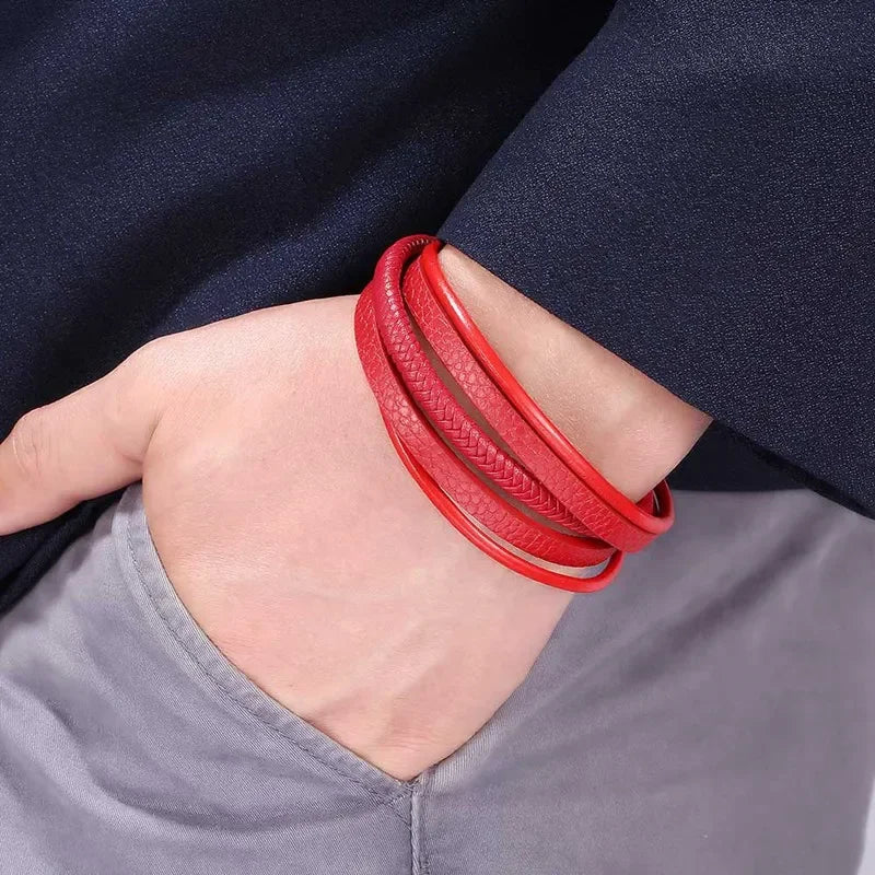 Moda pulseiras de couro vermelho masculino aço inoxidável multicamadas trançado corda pulseiras para mulheres pulseira jóias presentes sp1076