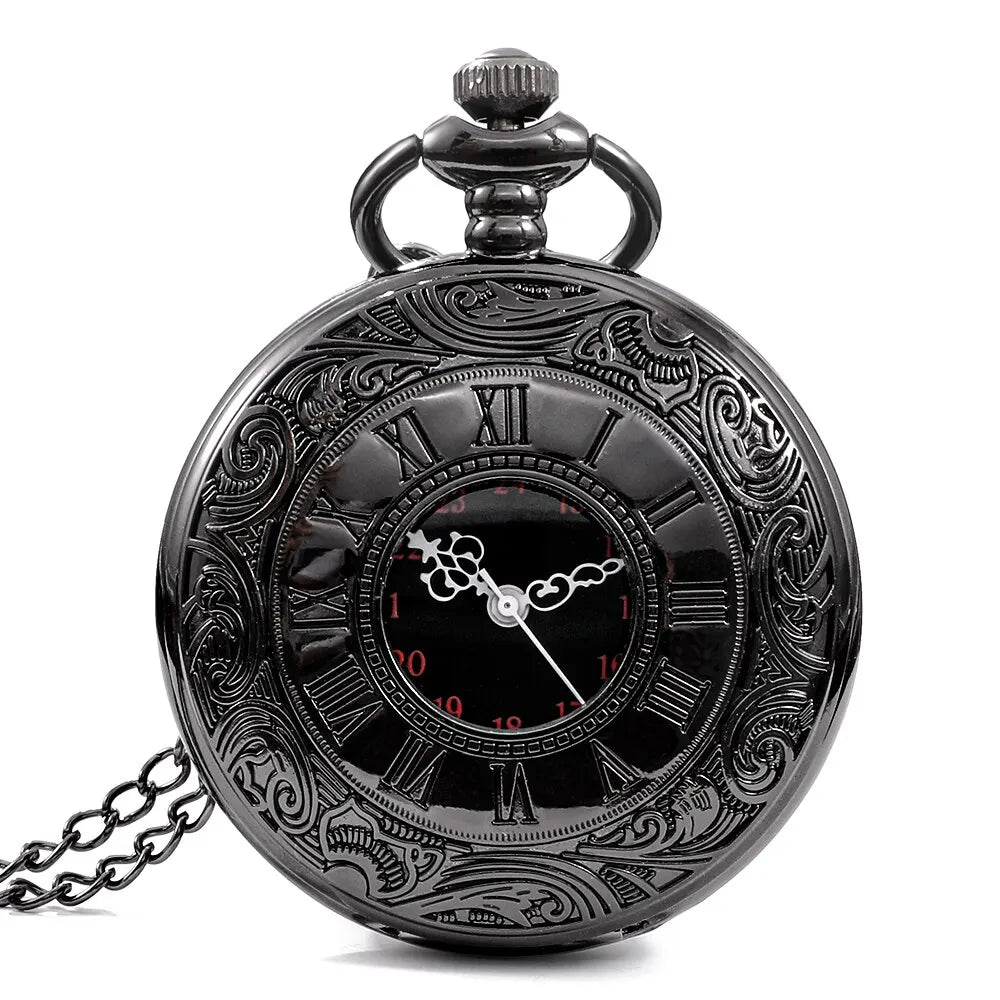 Relógio de bolso Steampunk com corrente para homens e mulheres, colar com pingente, charme vintage, preto, número romano, quartzo, moda unissex, presente