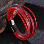 Moda pulseiras de couro vermelho masculino aço inoxidável multicamadas trançado corda pulseiras para mulheres pulseira jóias presentes sp1076