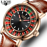 Lige moda couro marrom relógio masculino mostrador rotativo las vegas roleta tema de mesa relógio masculino à prova dwaterproof água relógios luminosos