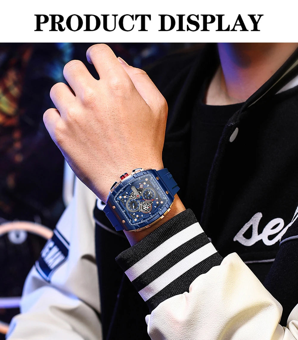 CURREN Esporte Cronógrafo Relógio de Quartzo para Homens Moda Azul Pulseira de Silicone Tonneau Dial Relógio de Pulso com Data 3atm À Prova D 'Água