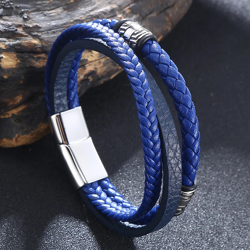 Moda pulseiras de couro vermelho masculino aço inoxidável multicamadas trançado corda pulseiras para mulheres pulseira jóias presentes sp1076