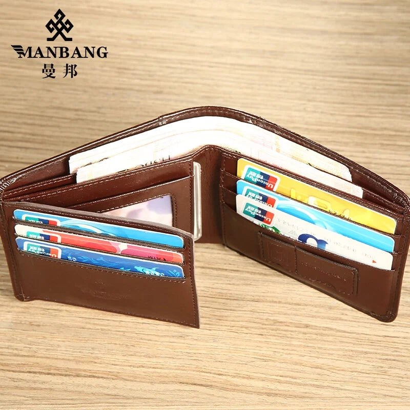 【Couro de couro genuíno】Manbang marca venda quente carteira masculina de luxo original curto tri-fold primeira camada bolsa de negócios