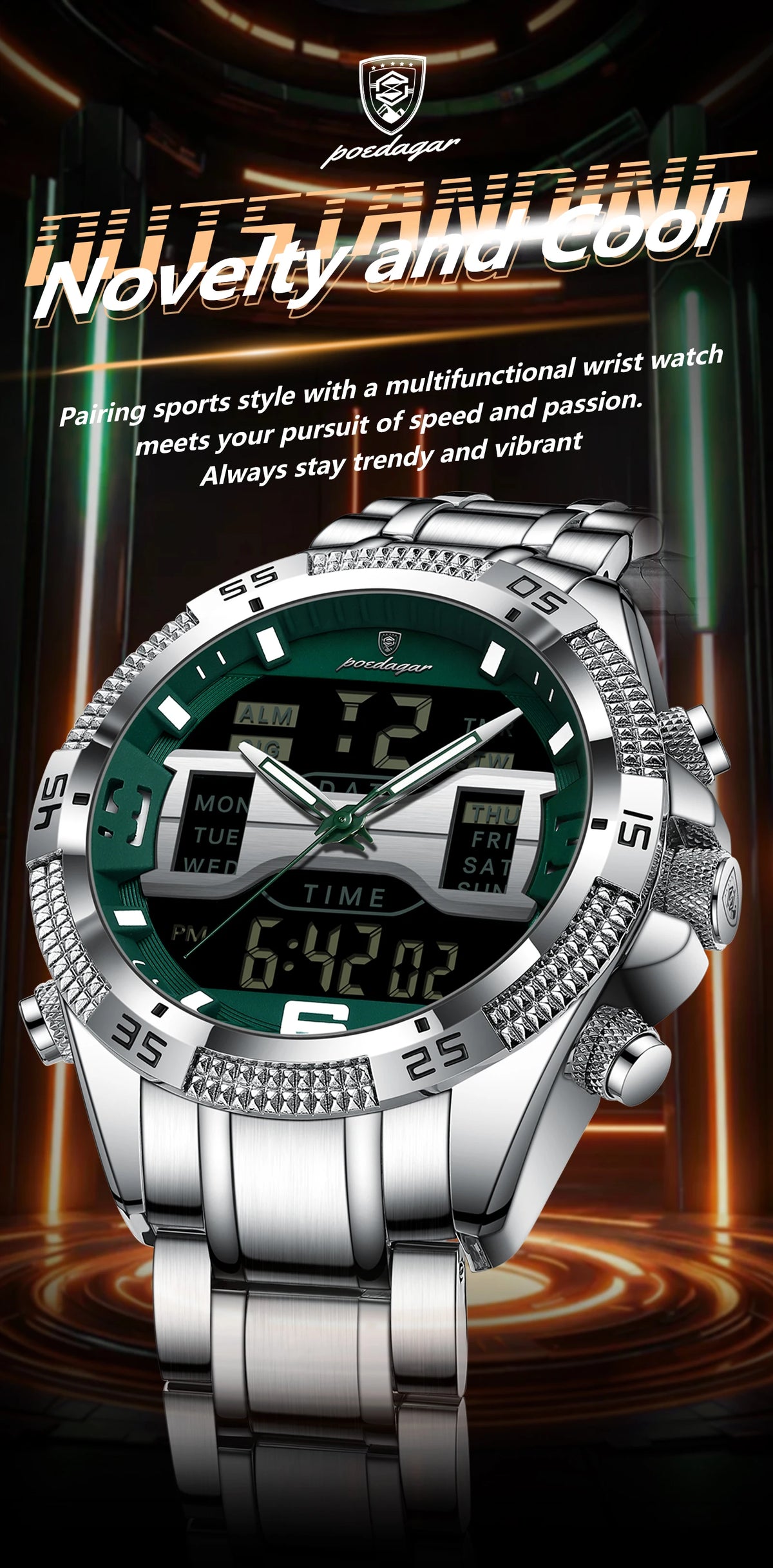 Poedagar led relógio de luxo masculino esportes dupla exibição tempo digital luminoso semana data homem relógio de pulso eletrônico quartzo relógios masculinos