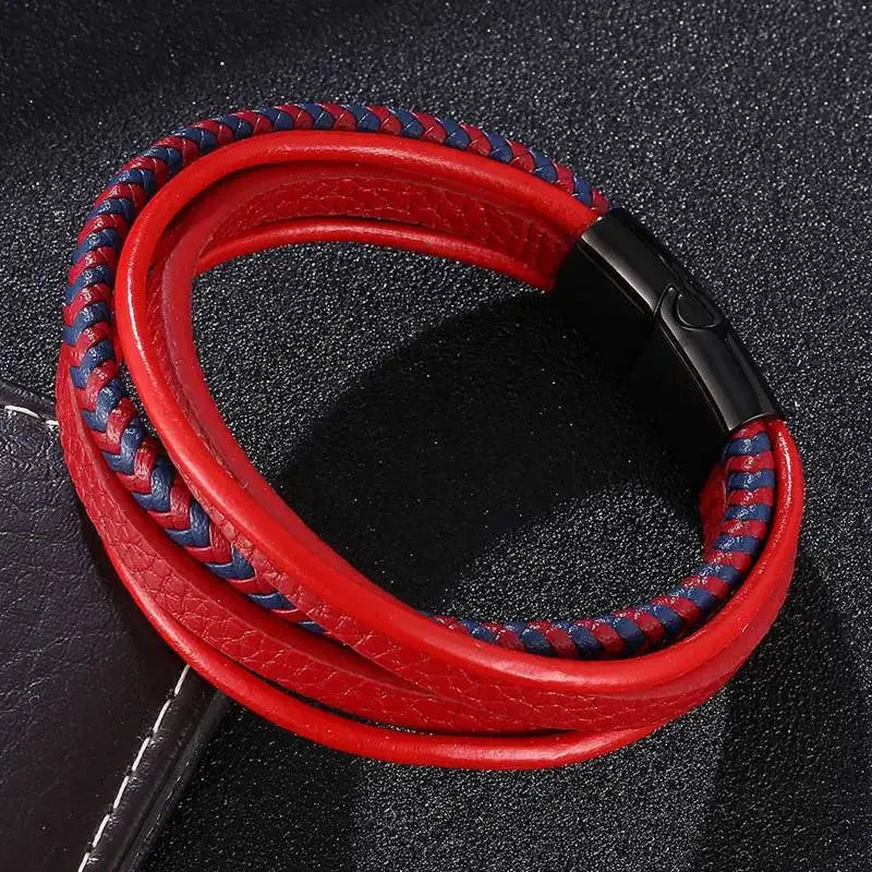 Moda pulseiras de couro vermelho masculino aço inoxidável multicamadas trançado corda pulseiras para mulheres pulseira jóias presentes sp1076