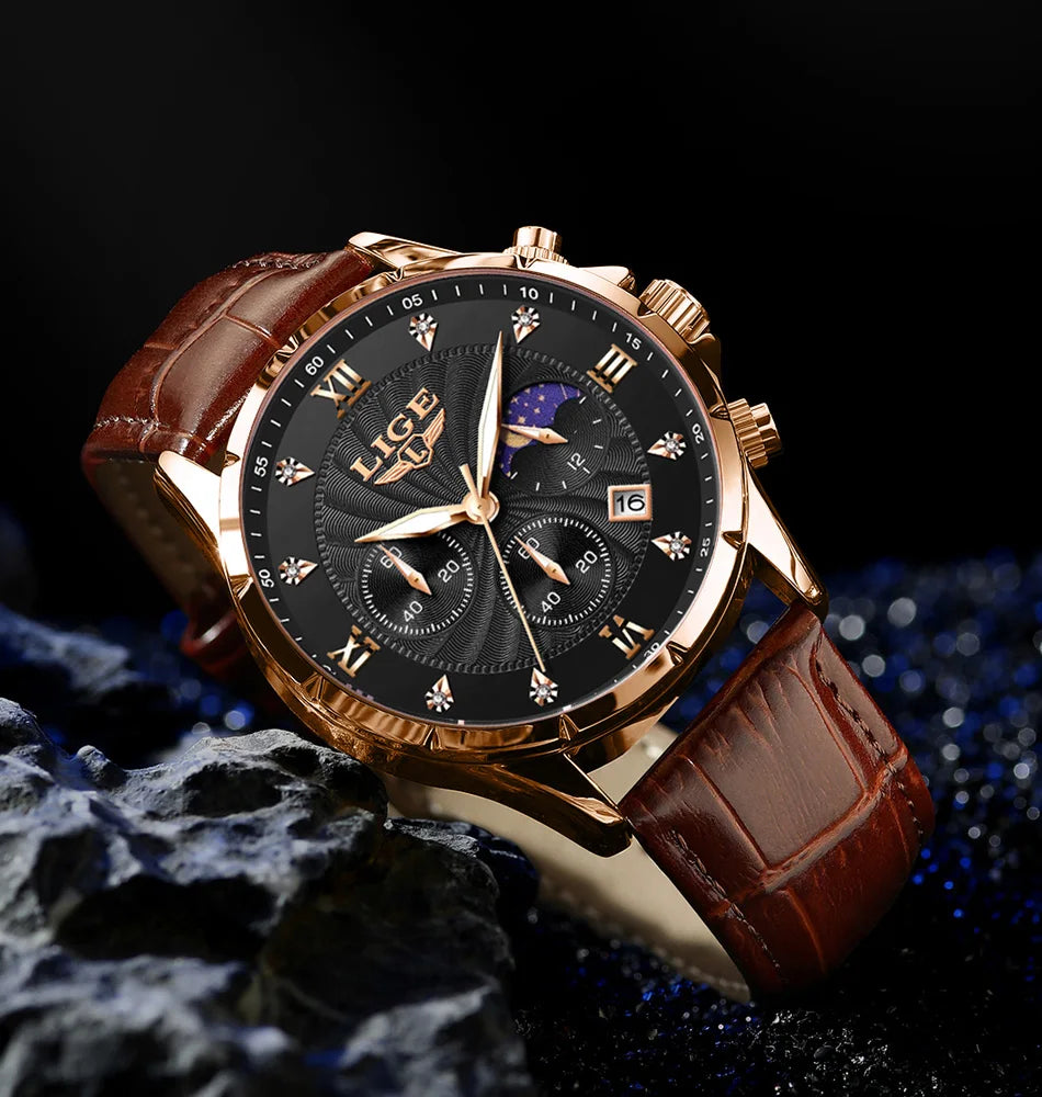 Novos relógios masculinos lige marca superior de luxo couro casual relógio quartzo esporte à prova dwaterproof água relógio relogios masculino + caixa
