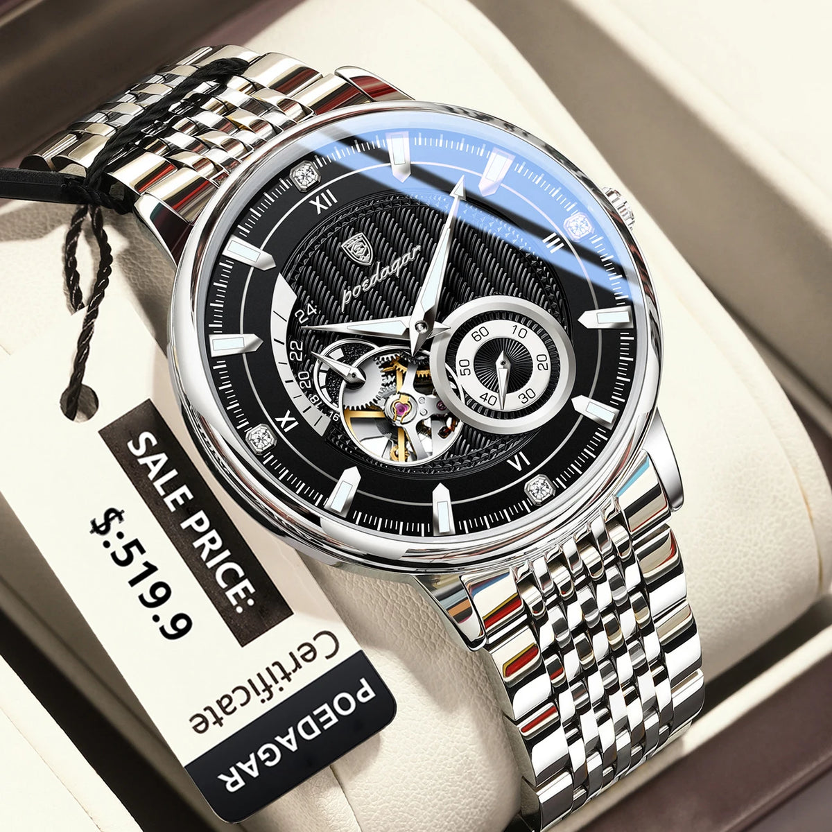 Poedagar topo de luxo relógio masculino luminoso oco tourbillon automático homem relógio de pulso mecânico aço inoxidável relógios masculinos reloj