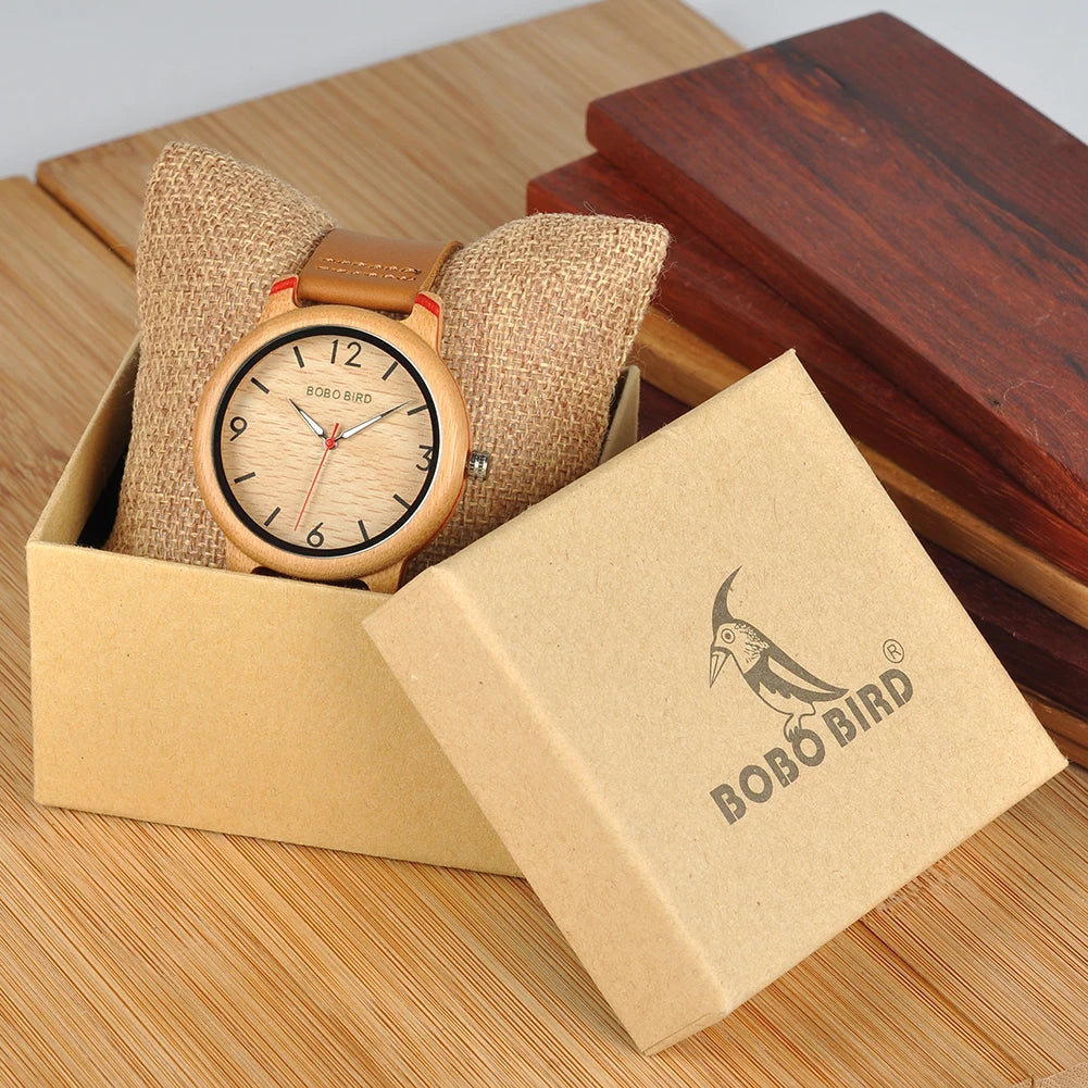 BOBO BIRD Relógio de madeira para homens e mulheres unissex leve feito à mão relógios de bambu personalizados de quartzo