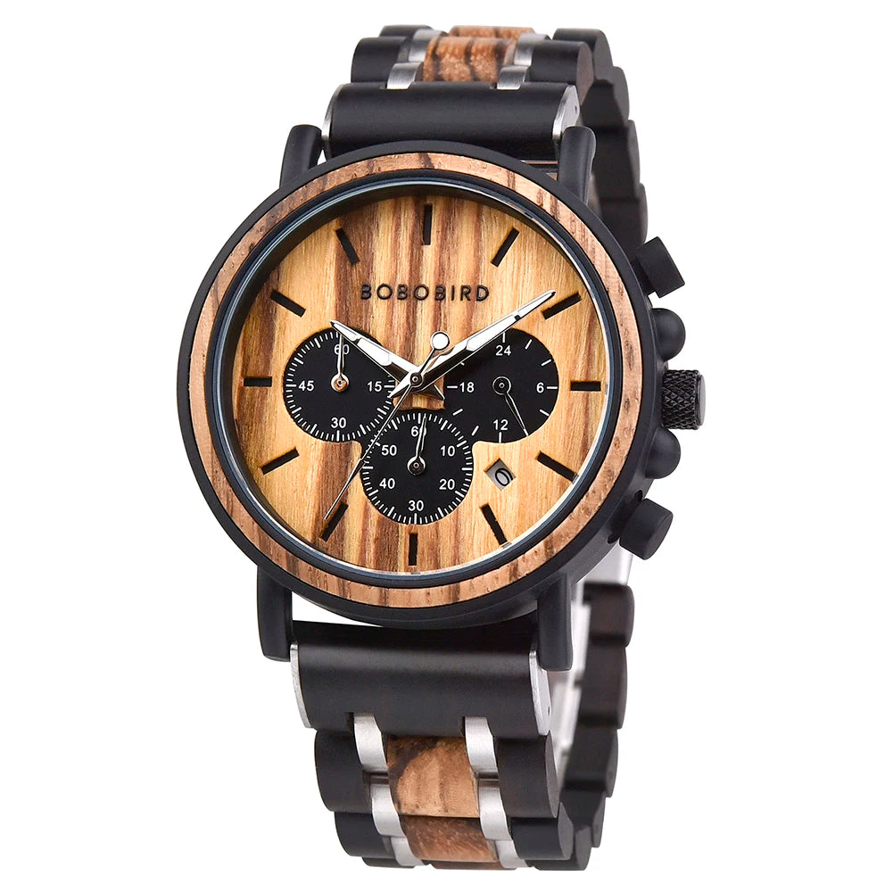 Bobobird relógio masculino de luxo, cronógrafo de quartzo, relógio de pulso personalizado, pulseira de metal e madeira, caixa de presente