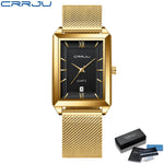 Crrju luxo relógio de ouro masculino quadrado japão quartzo fino malha aço à prova dwaterproof água esportes data automática relógios pulso relogio masculino