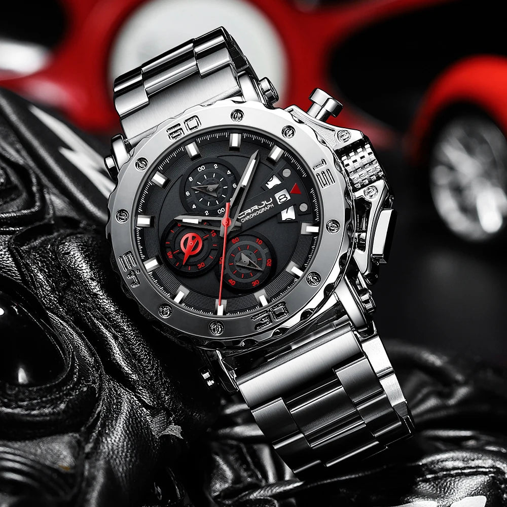 Relogio masculino crrju esporte cronógrafo relógios masculinos marca superior de luxo aço completo relógio quartzo à prova dwaterproof água grande dial relógio masculino