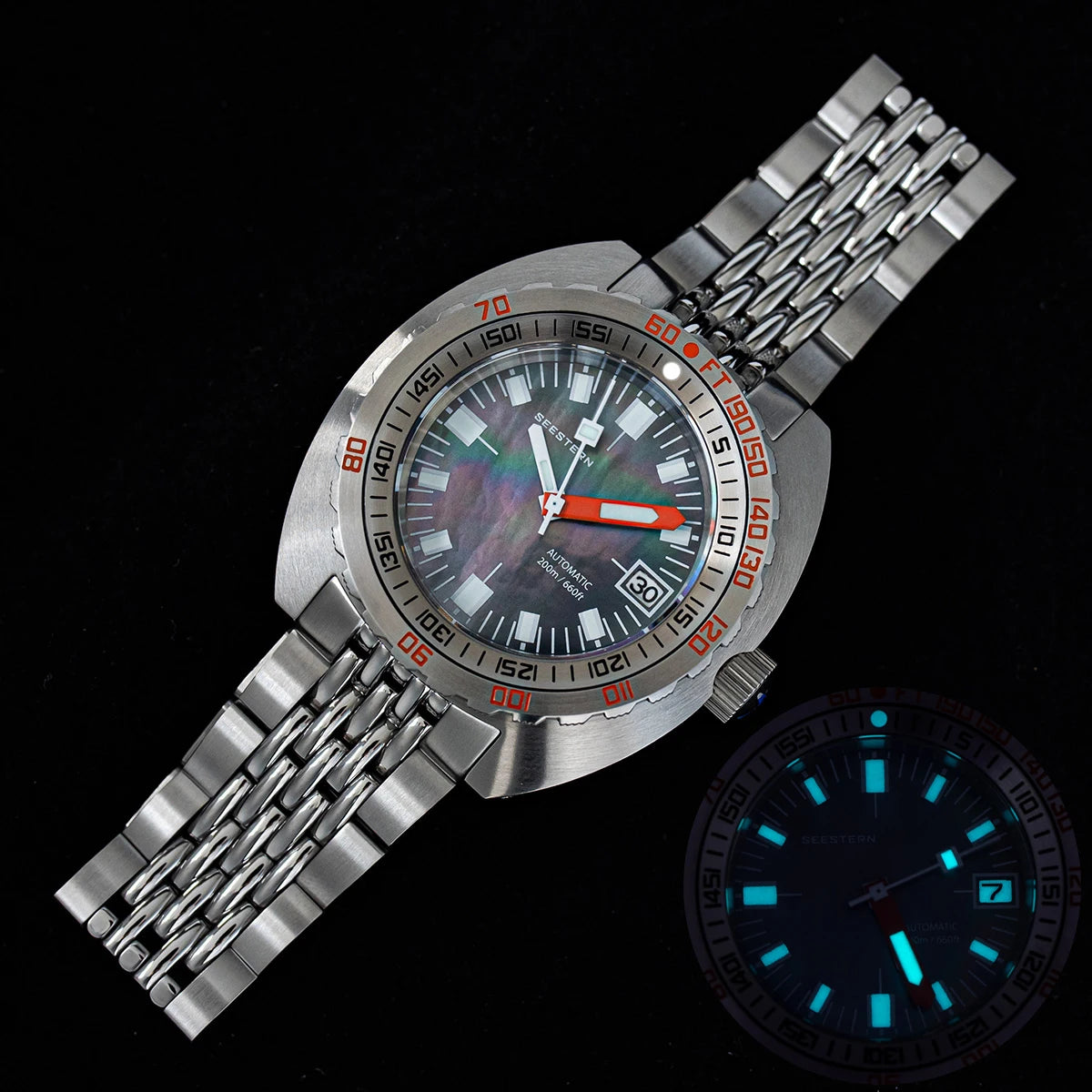 Marca superior mergulhador relógio masculino sub300t automático mecânico vidro de safira luminosa data 200m volta pulseira seestern relógio de pulso retro