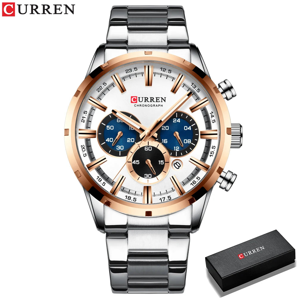 CURREN relógio de pulso masculino, relógio azul de aço inoxidável com pulseira data relógios luxuosos à prova d'água para homens de negócios
