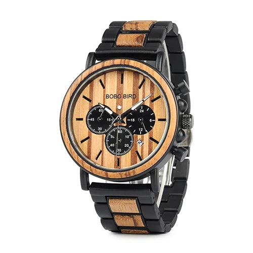 Bobobird relógio masculino de luxo, cronógrafo de quartzo, relógio de pulso personalizado, pulseira de metal e madeira, caixa de presente