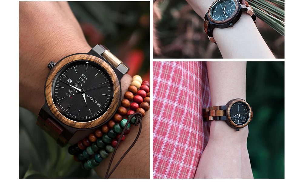 Relógio de pulso zegarek bobo bird para homens e mulheres, relógio de quartzo com pulseira de madeira colorida
